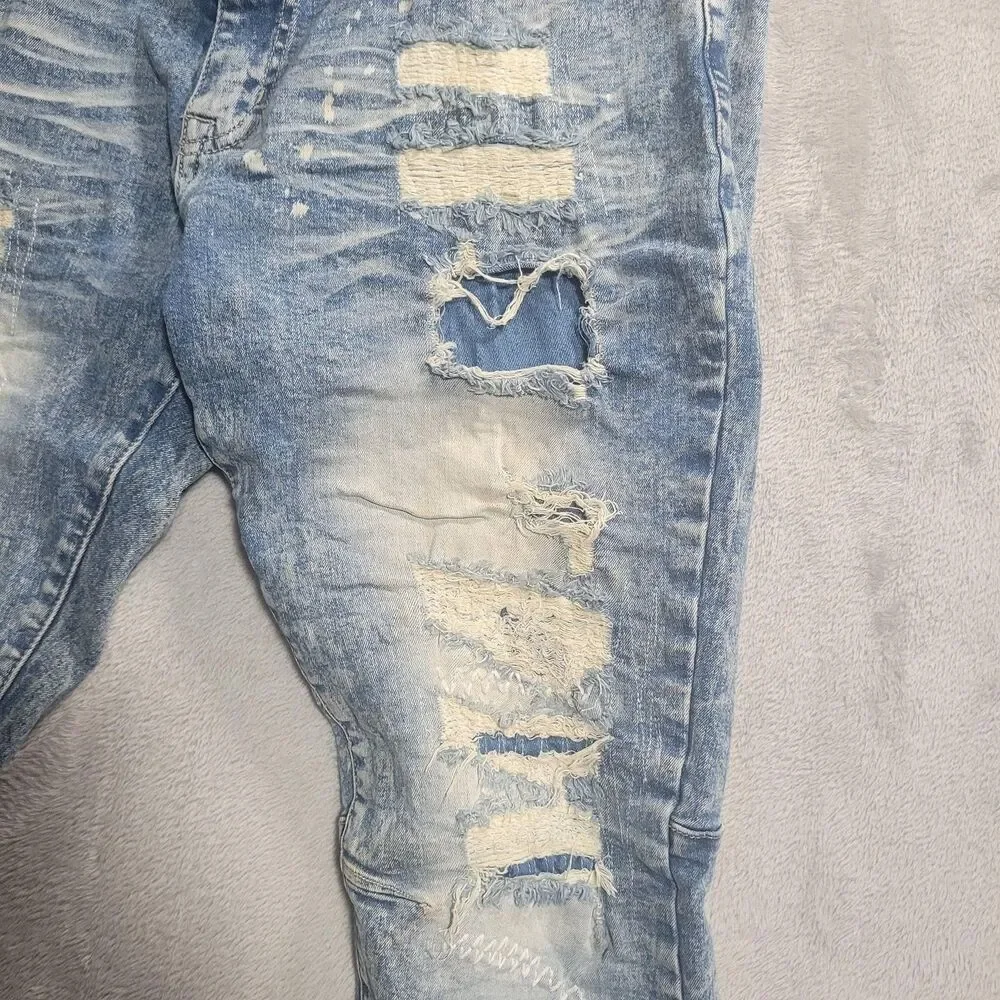 Smoke Rise Jeans Mens 38x34 Blue Light Wash Distressed Ripped Tapered Denim